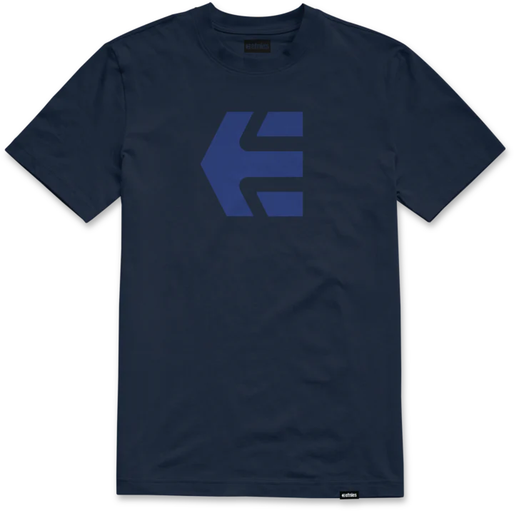 etnies Icon Tee in navy blue with bold white etnies logo across the chest and a classic crew neck fit for timeless skate style.