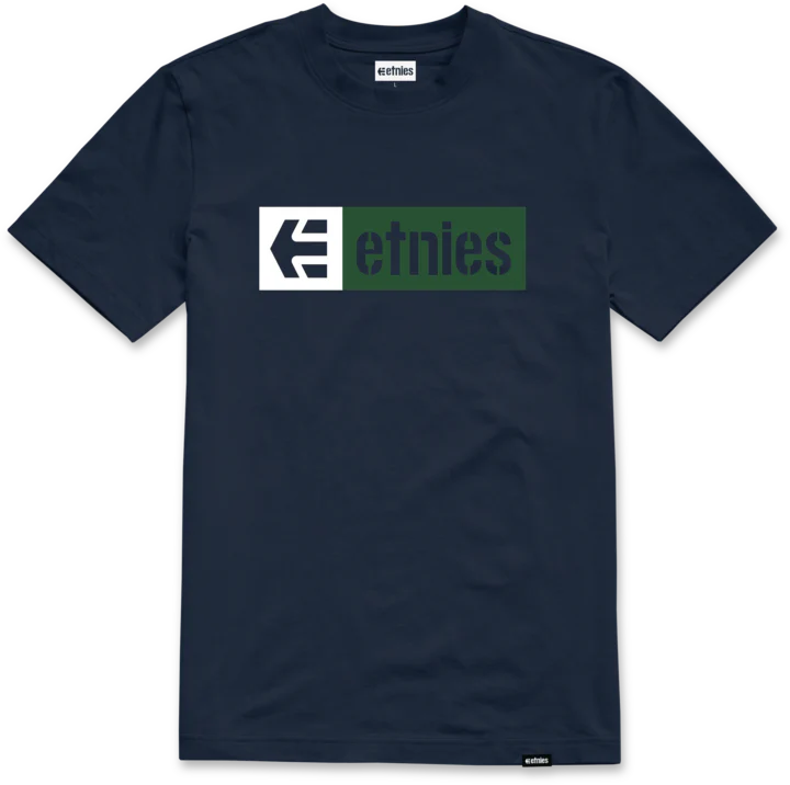 etnies New Box Tee in navy with gum-colored box logo graphic printed on the chest.