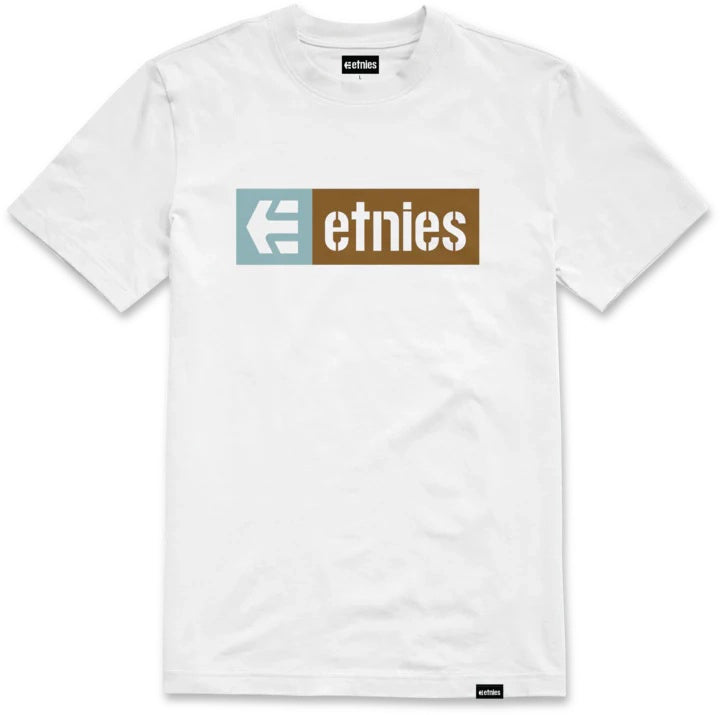 etnies New Box Tee in white with a gum-colored box logo printed across the chest.