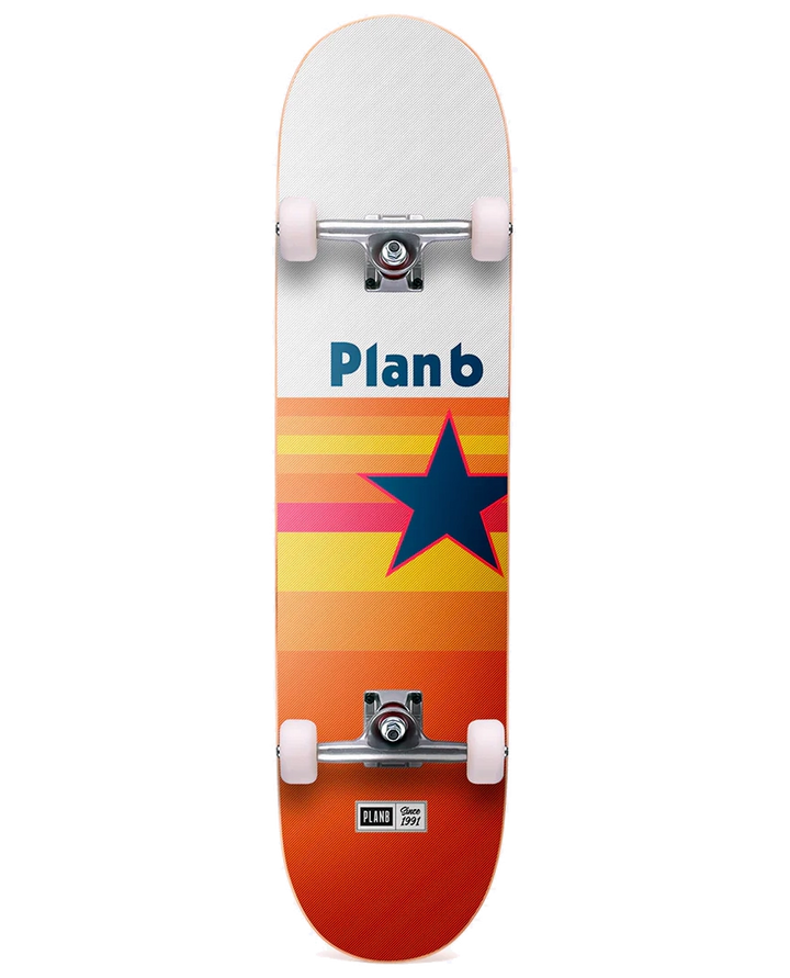 Plan B Houston Complete 8.0 skateboard with retro sunset stripes and bold Lone Star graphic