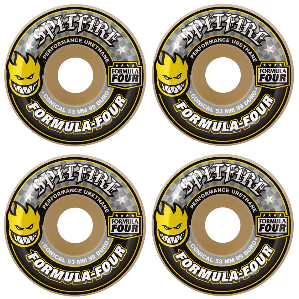 Spitfire Formula Four Conical 99D Wheels 53mm with narrow contact patch for balanced grip, control, and smooth, fast slides.