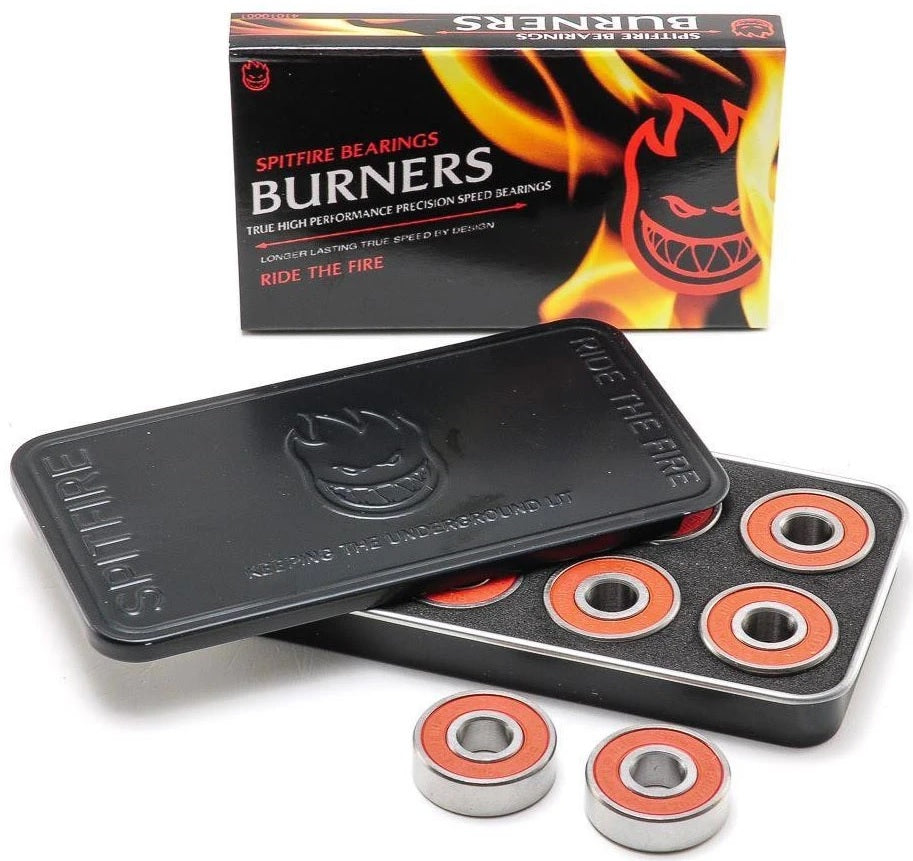 Spitfire Burner Bearings set with high-speed steel construction and removable shields for smooth, fast, and reliable skate performance.