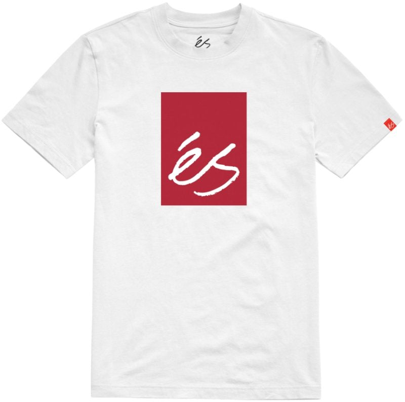 eS Main Block Tee in White with bold red and black logo—clean, classic, and built for skateboarding.