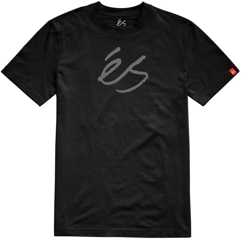 es Script Tee in Black with grey logo and red label.