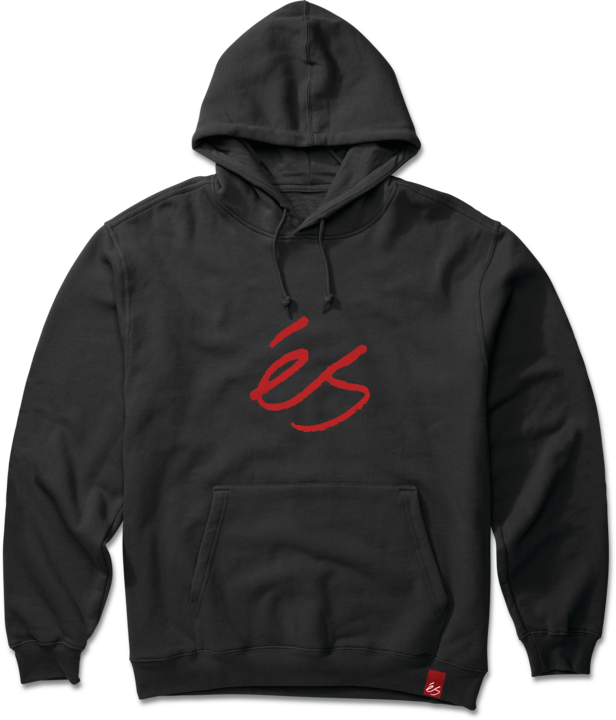 éS Script Hoodie in Black with bold red script logo, heavyweight fleece built for skate sessions and chill days