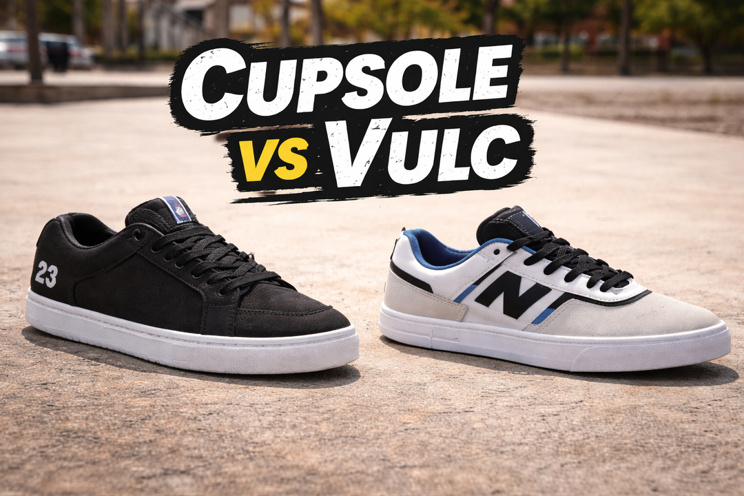 Cupsole vs vulcanized skate shoes side by side on concrete showing sole thickness and shape differences