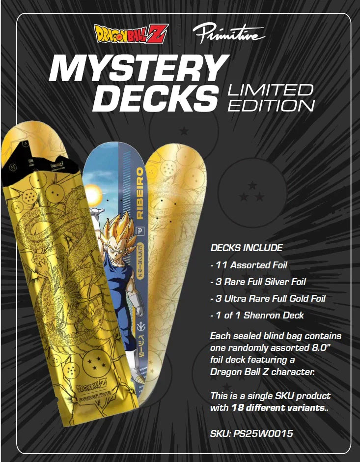 Primitive x DBZ mystery deck with Vegeta and gold foil packaging.