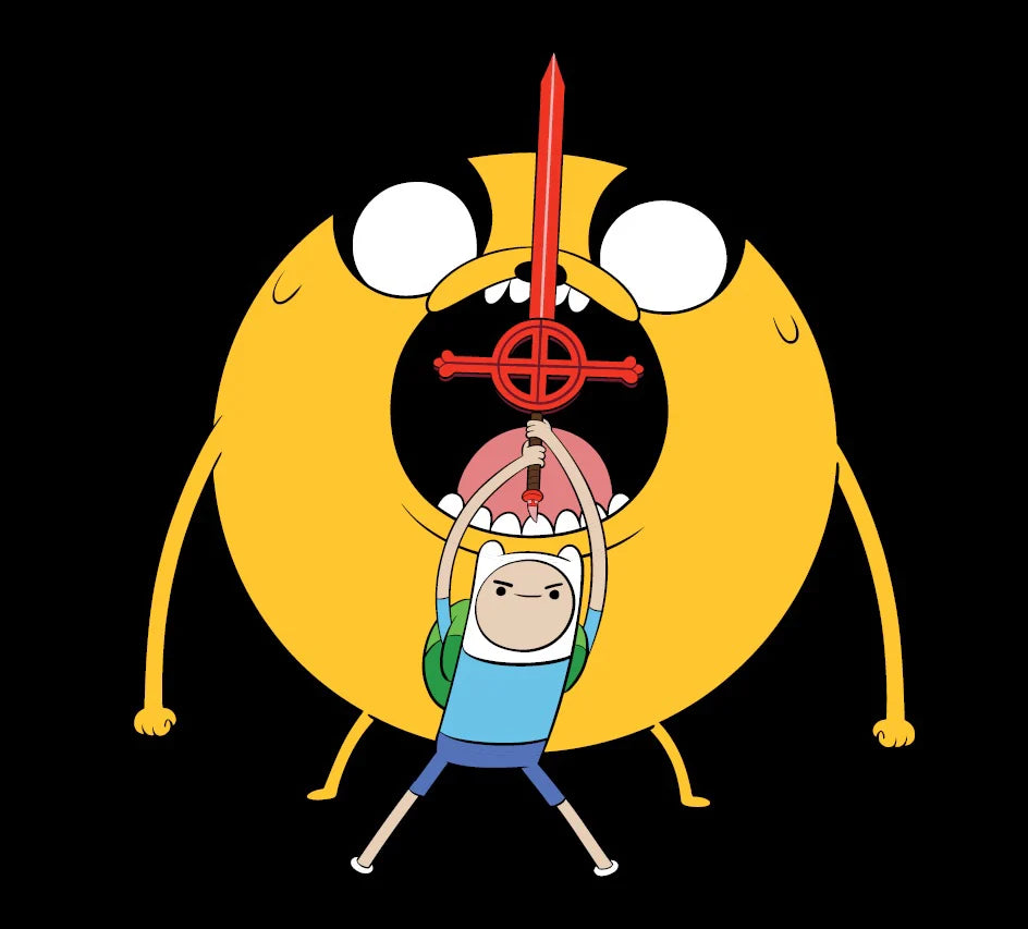 Finn holding sword in front of Jake from Welcome x Adventure Time collab—bold graphic used in limited edition skateboard and apparel release.