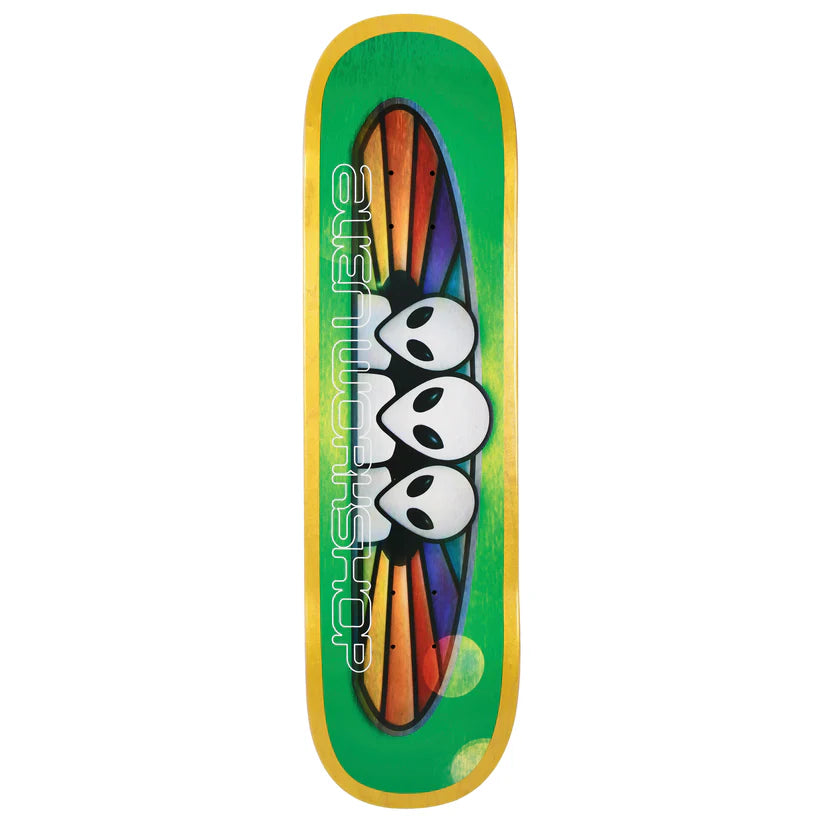 Alien Workshop Spectrum VHS Deck 8.5" green with rainbow alien logo graphic, 7-ply maple skateboard deck.