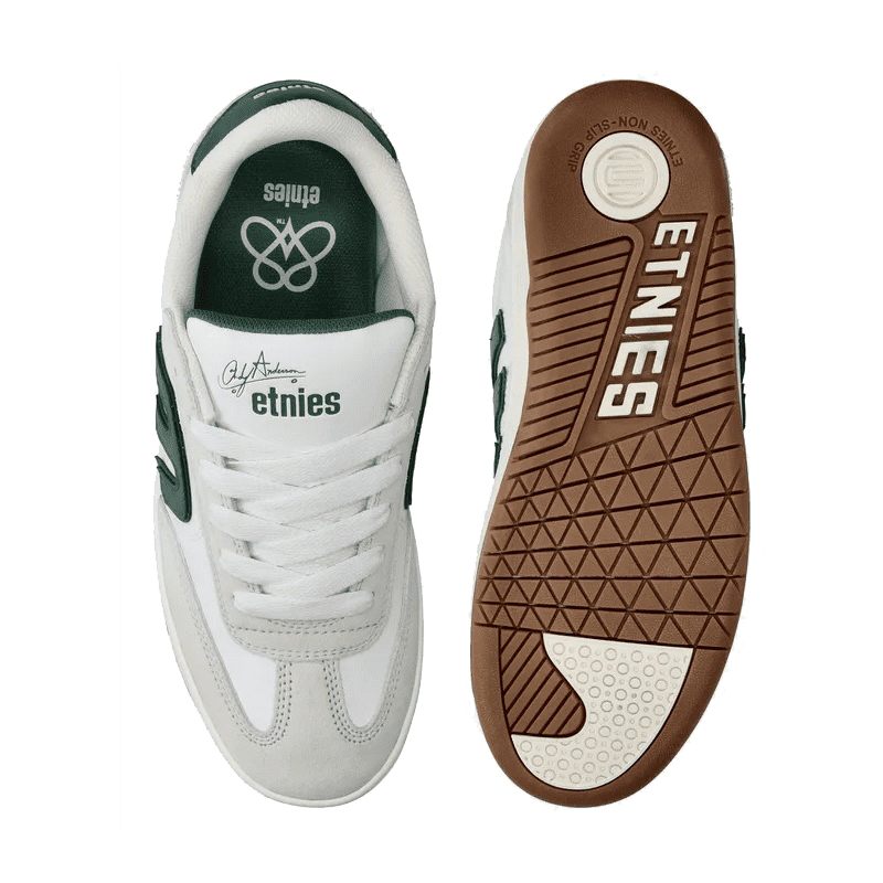 A pair of Ethnies sneakers shown from the top on a white background, with one shoe displaying the white and dark green upper and the other showing the brown outsole.