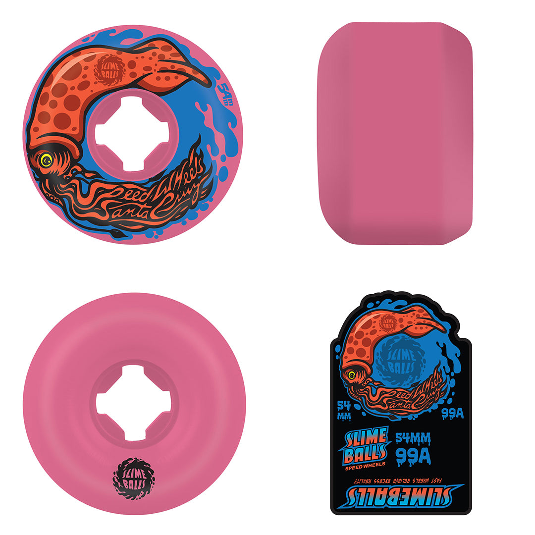 Slime Balls Ink Balls Vomit 54mm 99A skateboard wheels in neon pink with asymmetrical shape and classic squid graphic