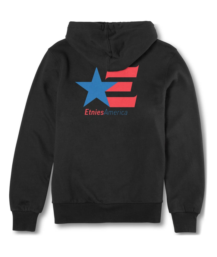 Black hoodie with a star and 'Etnies America' logo on the back against a white background