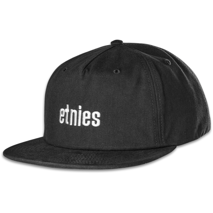 etnies Icon Embroidery Snapback Black with white embroidered etnies logo.