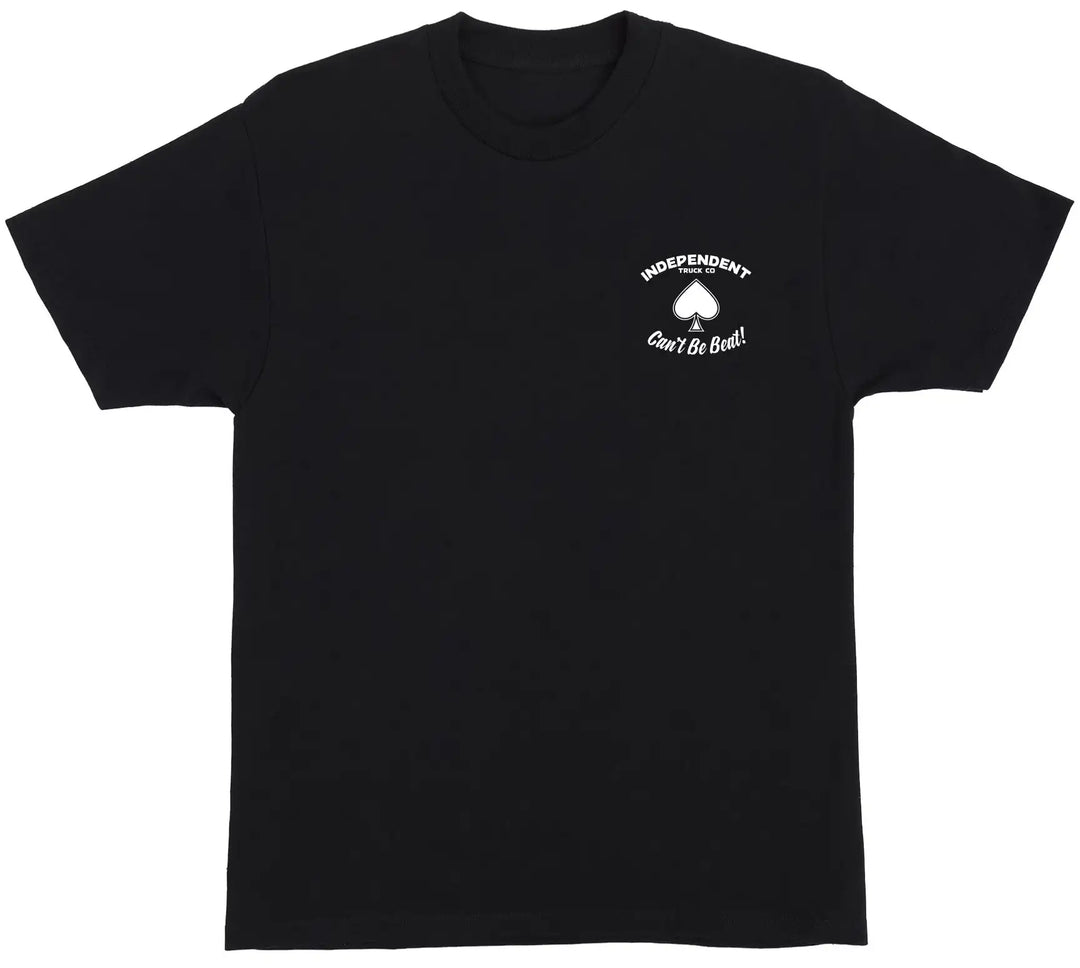 Black t-shirt with white graphic and text on a white background