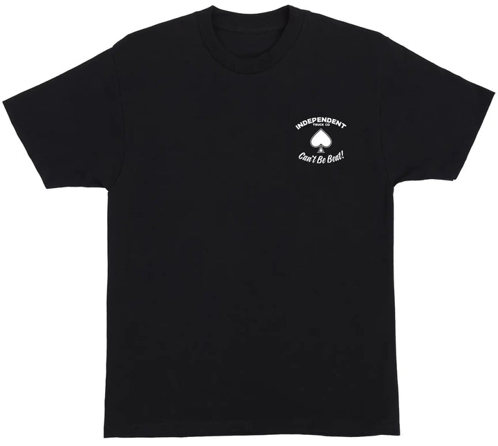 Black t-shirt with white graphic and text on a white background