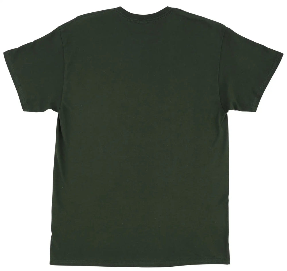 A dark olive green short-sleeve crewneck t-shirt shown from the back, laid flat against a solid white background.