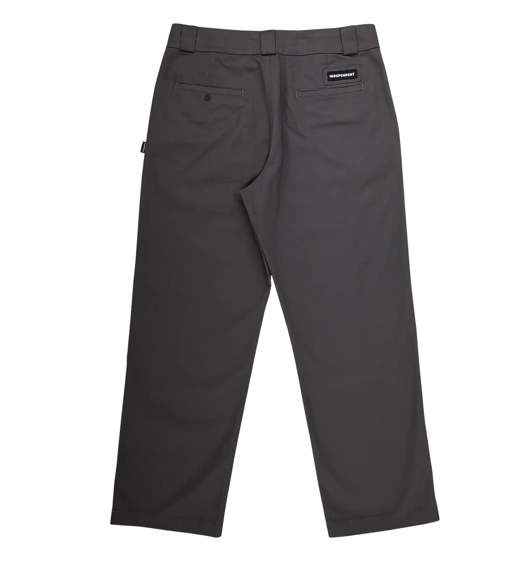 Dark gray work pants shown from the back, featuring a belt loop, rear welt pockets, and a small black brand patch on the upper right side.