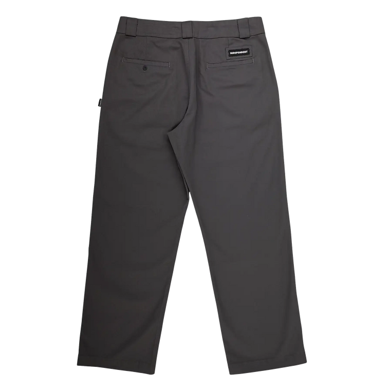 Dark gray work pants shown from the back, featuring a belt loop, rear welt pockets, and a small black brand patch on the upper right side.