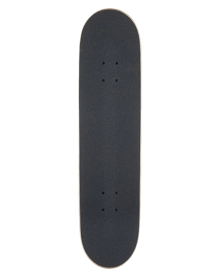 A skateboard deck viewed from directly above, featuring a black grip tape surface with visible wood edges on the sides, isolated on a white background.