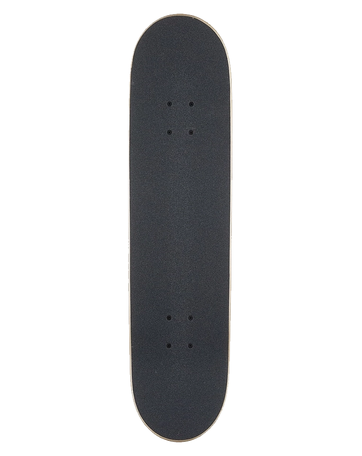 A skateboard deck viewed from directly above, featuring a black grip tape surface with visible wood edges on the sides, isolated on a white background.