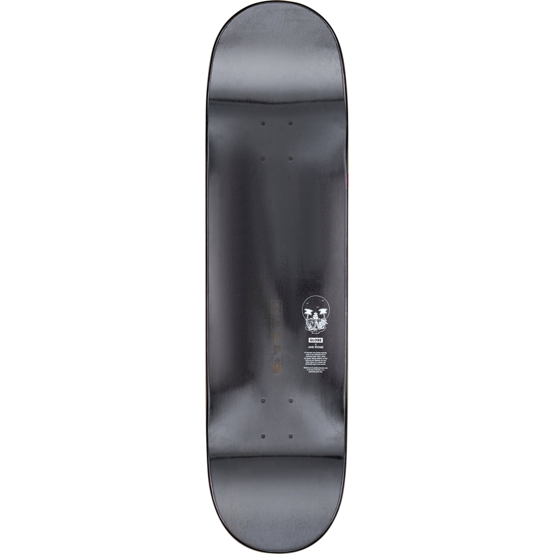 Black skateboard deck with a logo on a white background