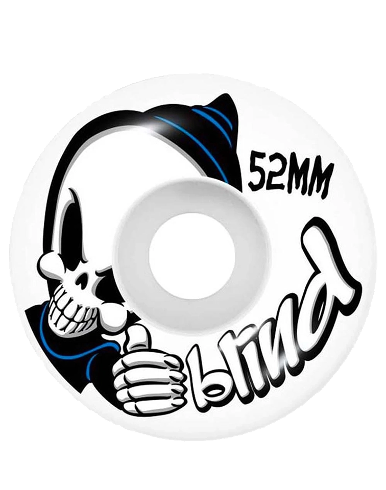 A white skateboard wheel featuring a black and blue graphic of a skull wearing a hat and giving a thumbs-up, with the text '52MM' and 'blind' in stylized lettering.