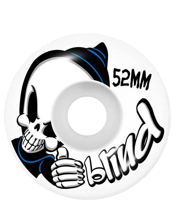 A white skateboard wheel featuring a black and blue graphic of a skull wearing a hat and giving a thumbs-up, with the text '52MM' and 'blind' in stylized lettering.