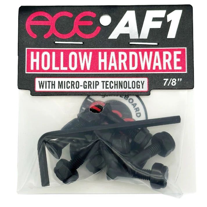 Ace Hollow Bolts 7/8" Allen hardware with mini grippers, hex key, and sticker for lightweight skateboard assembly.