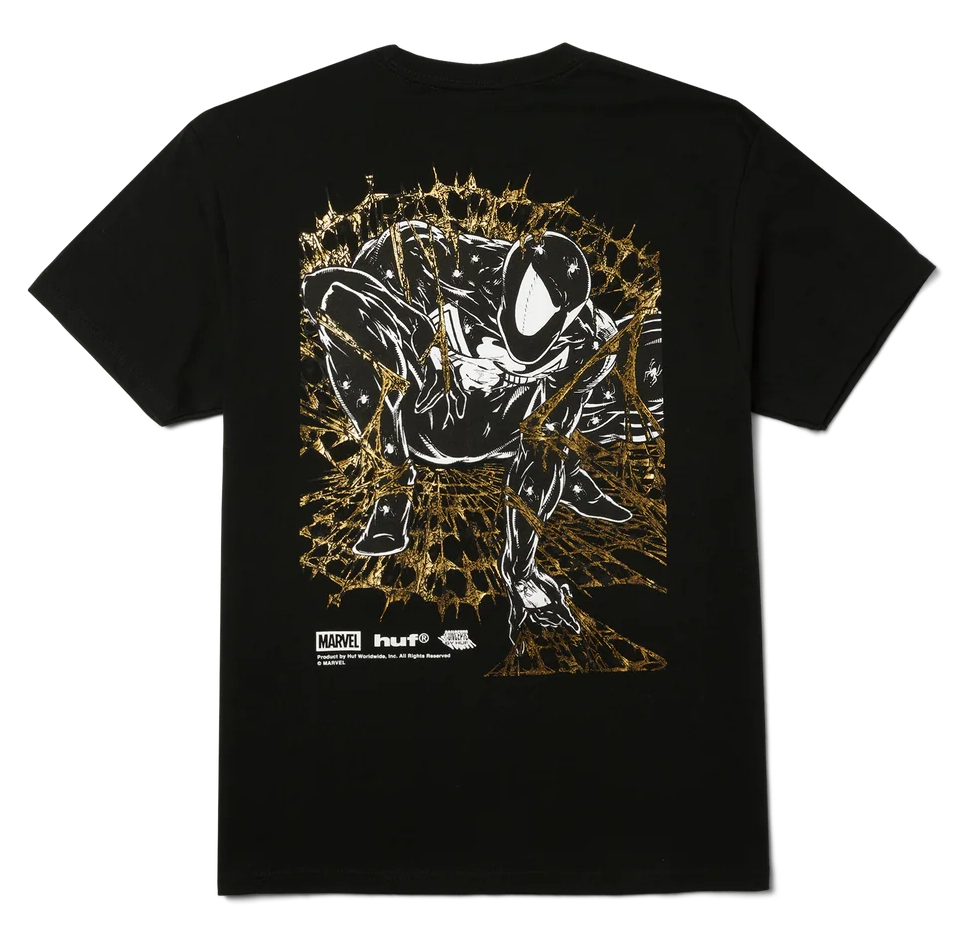 Back view of HUF x Spider-Man Arachknight Tee in black with gold holo-foil Spider-Man artwork