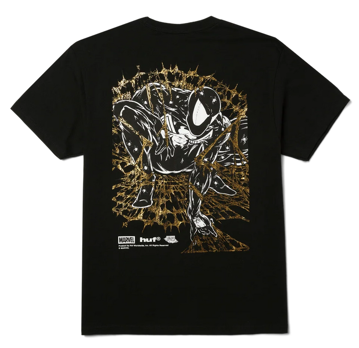 Back view of HUF x Spider-Man Arachknight Tee in black with gold holo-foil Spider-Man artwork