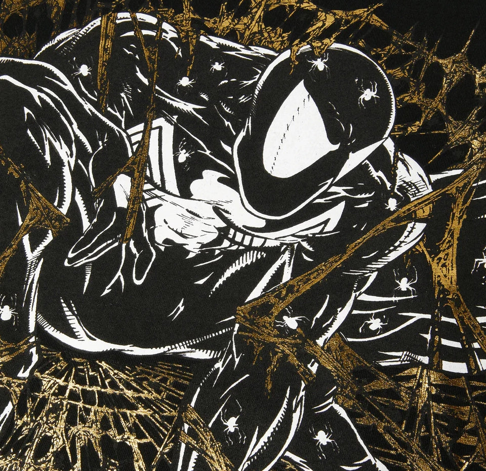 Black and white illustration of spider-man in a suit with gold spider web
