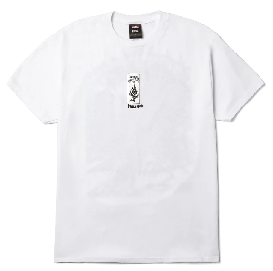 Front view of HUF x Spider-Man Arachknight Tee in white with Marvel co-branded chest print