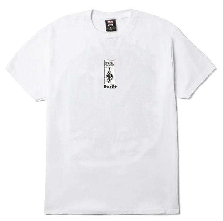 Front view of HUF x Spider-Man Arachknight Tee in white with Marvel co-branded chest print