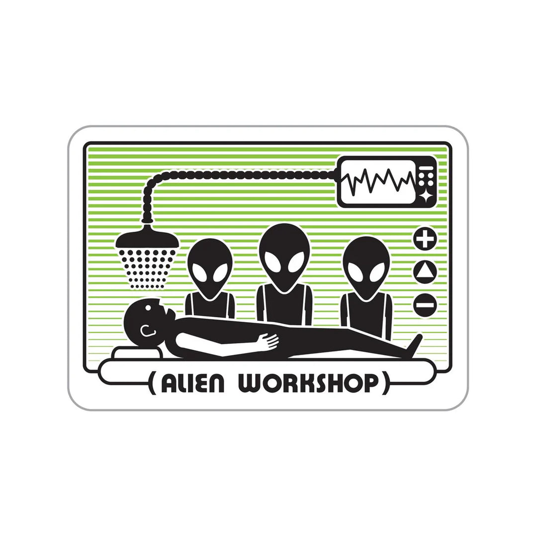 Alien Workshop Abduction skateboard sticker with alien lab graphic