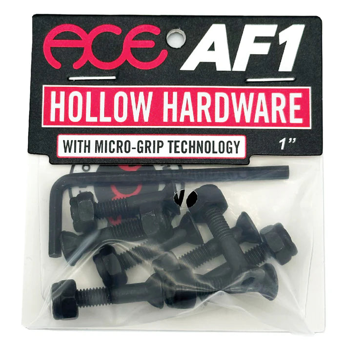 Ace Hollow Bolts 1" Allen hardware set with mini grippers, hex key, and sticker for lightweight skateboard setup.