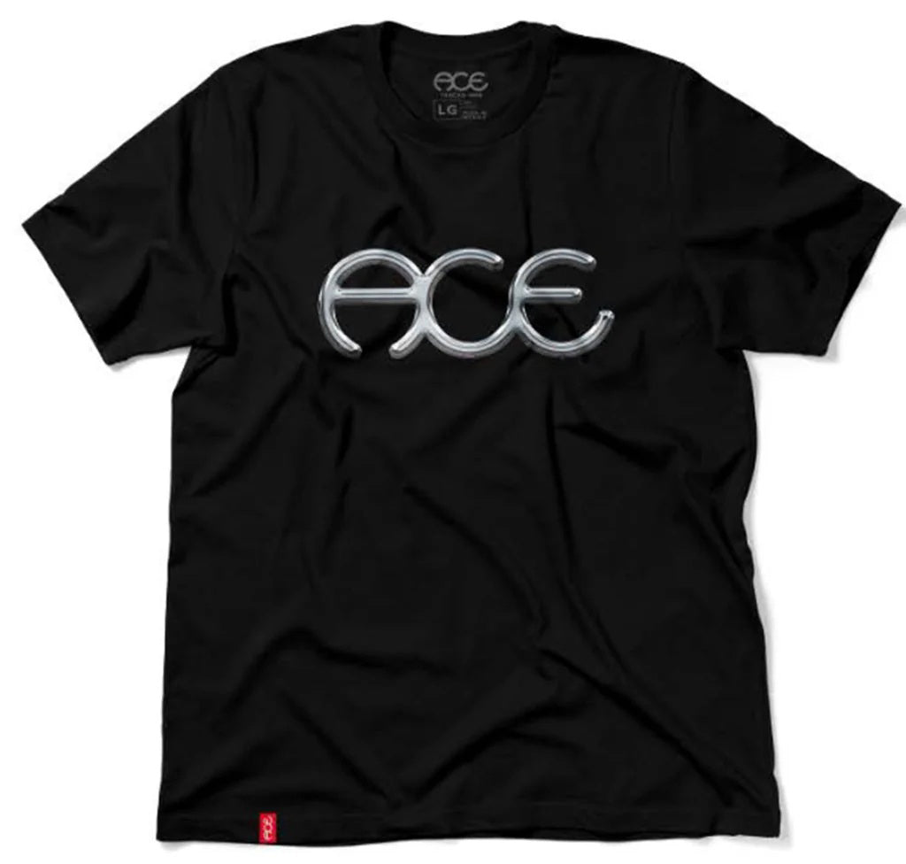 Ace Trucks Chrome Tee in Black with metallic chrome Ace logo print across chest, 100% cotton skate shirt.