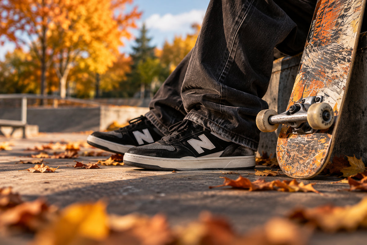 A close-up lifestyle shot of a person sitting on a concrete skatepark ledge, wearing black and white New Balance sneakers with a skateboard leaning against the side. The background features autumn trees with vibrant orange and yellow foliage, and scattered fallen leaves on the concrete ground.