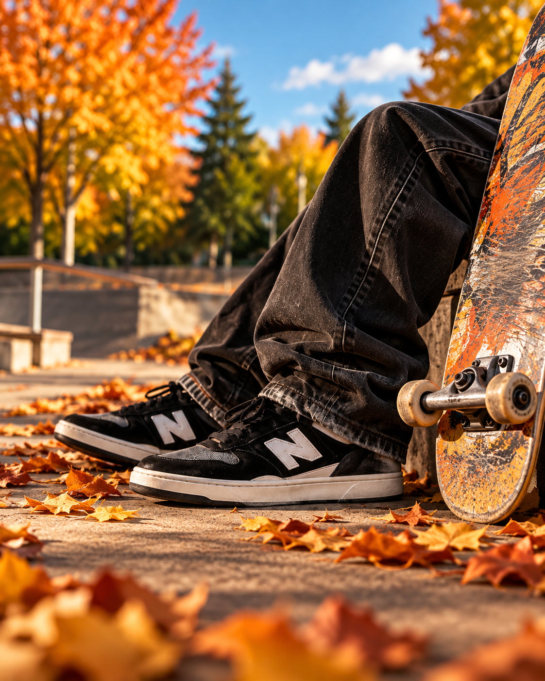 A person sitting outdoors in a skatepark wearing black New Balance sneakers with white 'N' logos, dark jeans, and leaning on a skateboard on a ground covered with fallen autumn leaves.