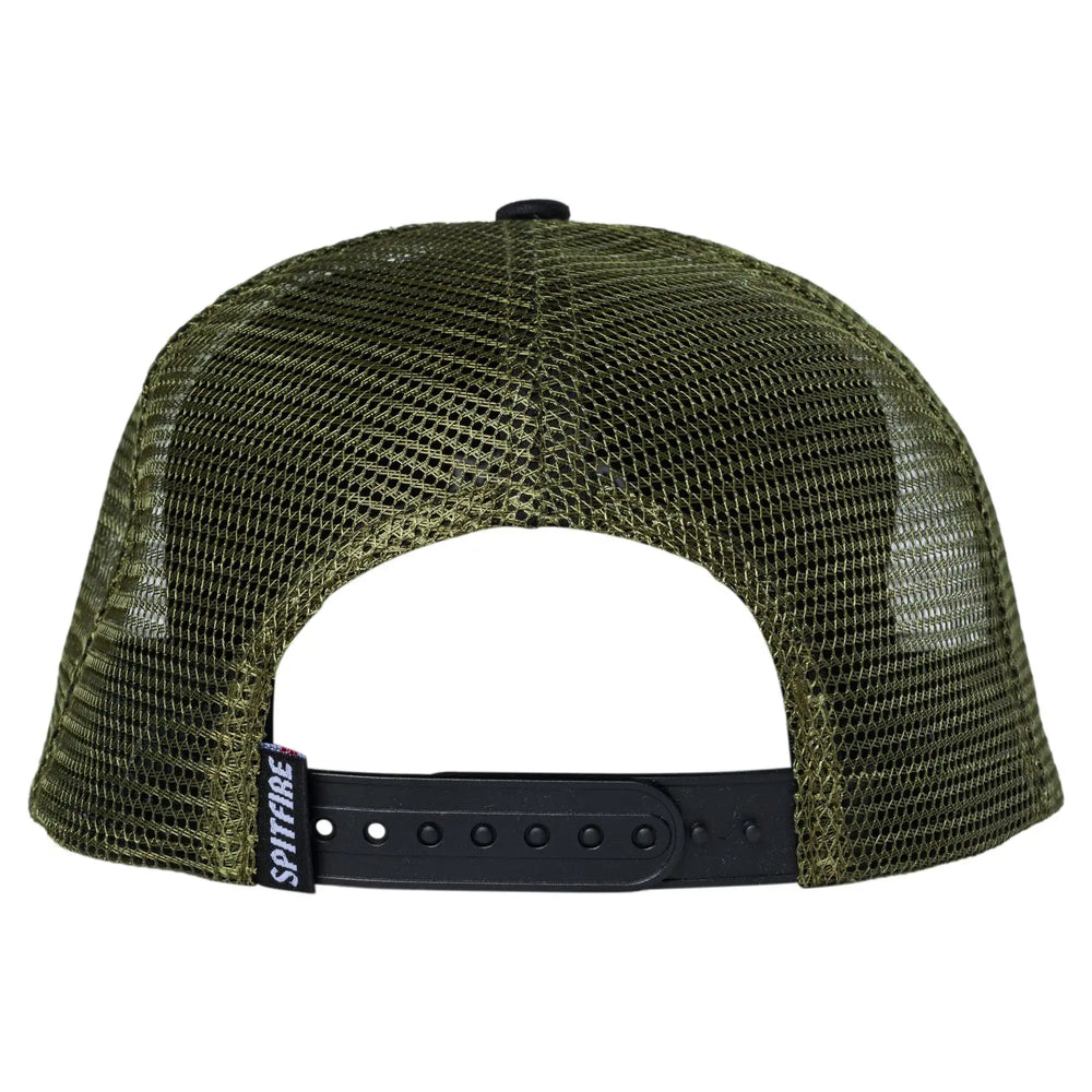 Back view of an olive green trucker hat with a black adjustable strap and a visible 'SOTTFORE' brand tag on the side.