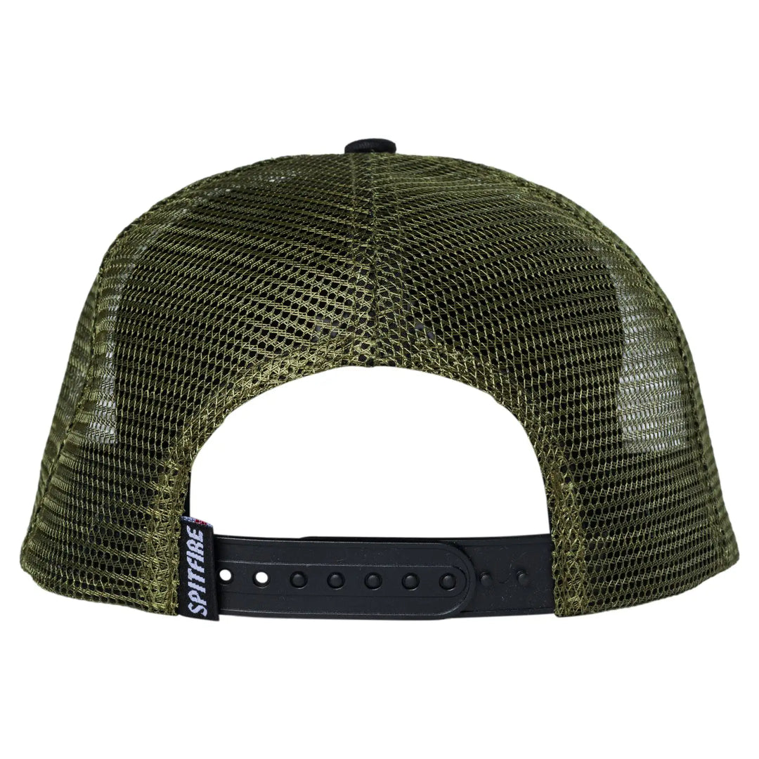 Back view of an olive green trucker hat with a black adjustable strap and a visible 'SOTTFORE' brand tag on the side.