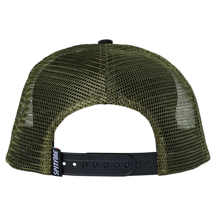 Back view of an olive green trucker hat with a black adjustable strap and a visible 'SOTTFORE' brand tag on the side.
