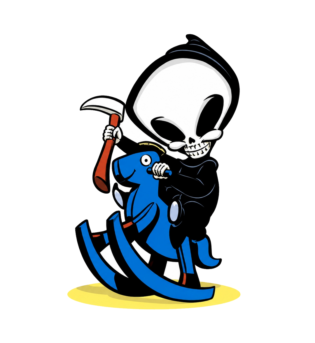Blind Horse Reaper sticker featuring the iconic Reaper riding a blue rocking horse with a scythe.
