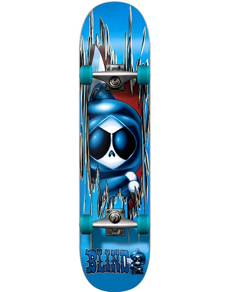 Blind Kenny Axe 8.0 complete skateboard with blue Reaper graphic, Tensor trucks and teal wheels.