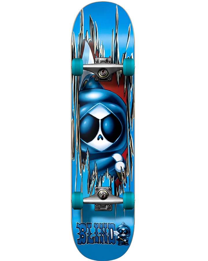 Blind Kenny Axe 8.0 complete skateboard with blue Reaper graphic, Tensor trucks and teal wheels.