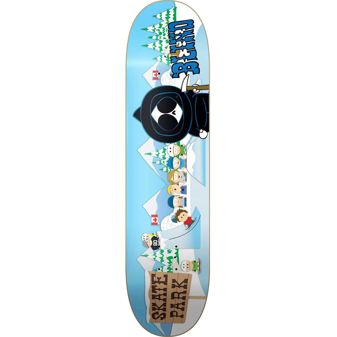 Blind Skate Park Skateboard Deck 8.25 with colourful cartoon winter scene, snowy mountains and skate park graphic