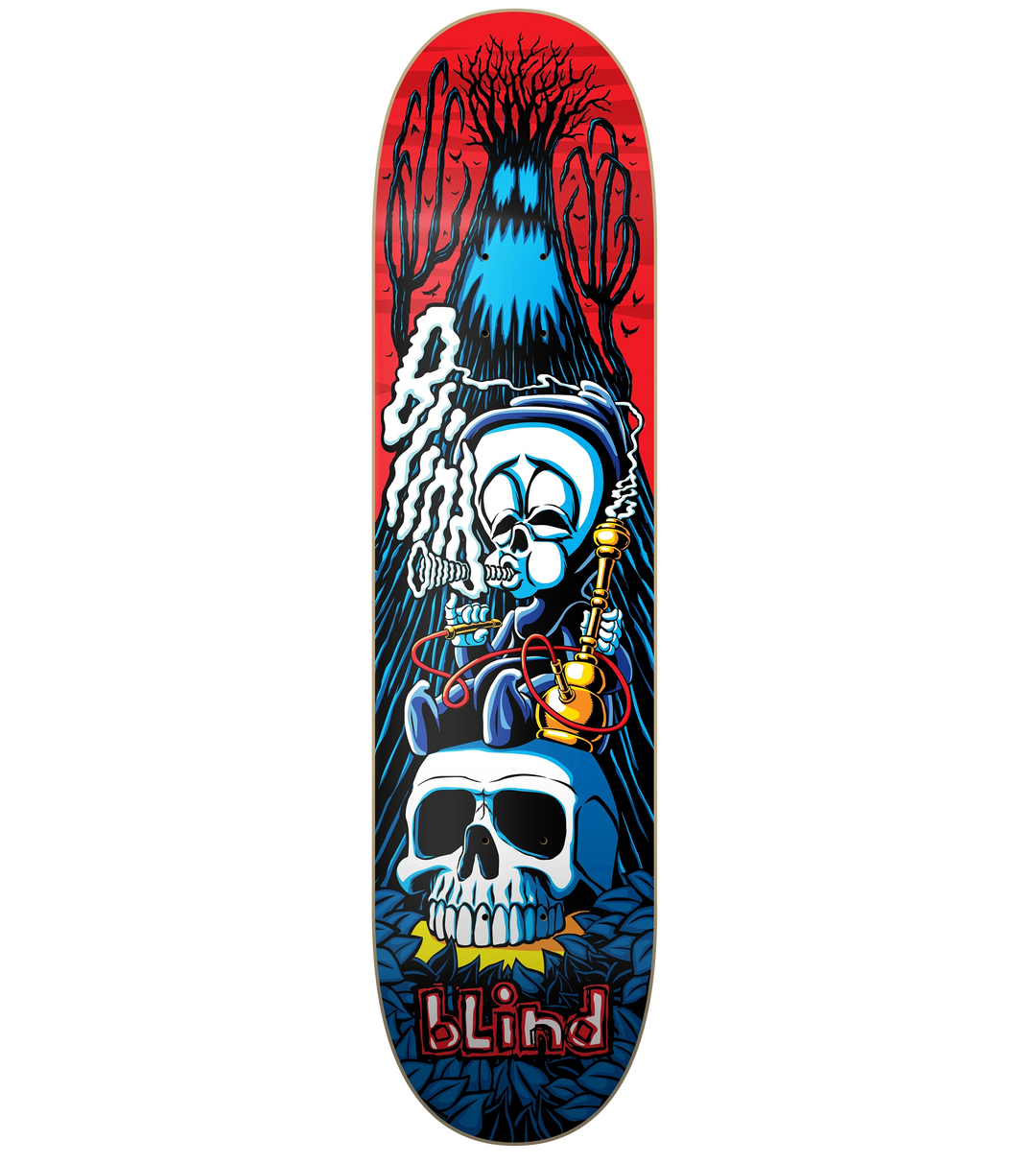 Blind Wonderland 8.5 skateboard deck featuring a skeleton, hookah and skull graphic in blue, red and black.