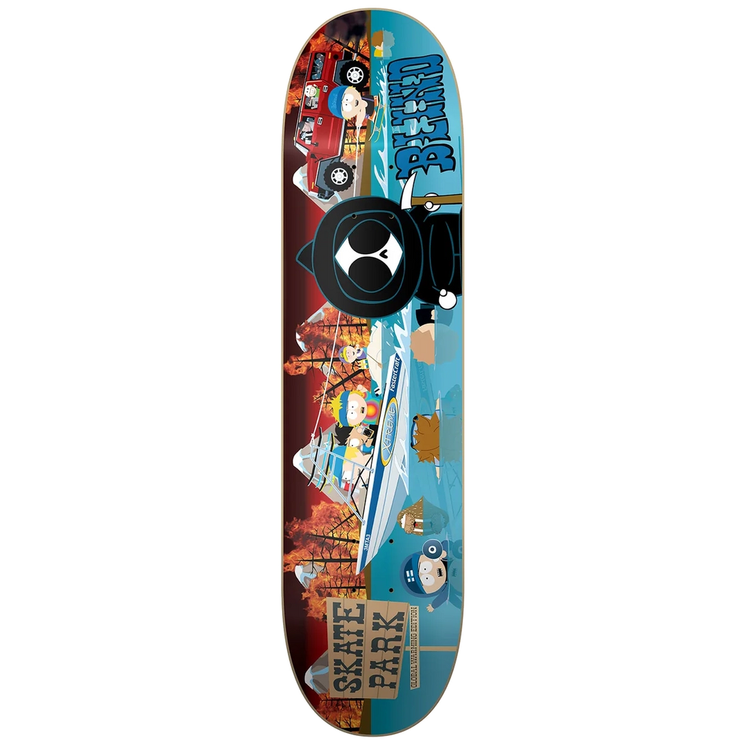 Blind Skate Park Global Warming Skateboard Deck 8.5 featuring colourful cartoon artwork with a boat, burning forest and global warming theme