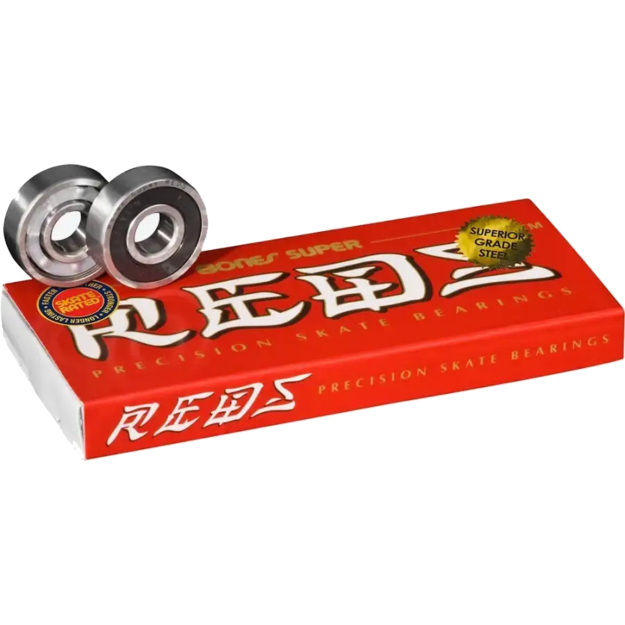 Bones Super REDS skateboard bearings set of 8 with black rubber shields and red packaging