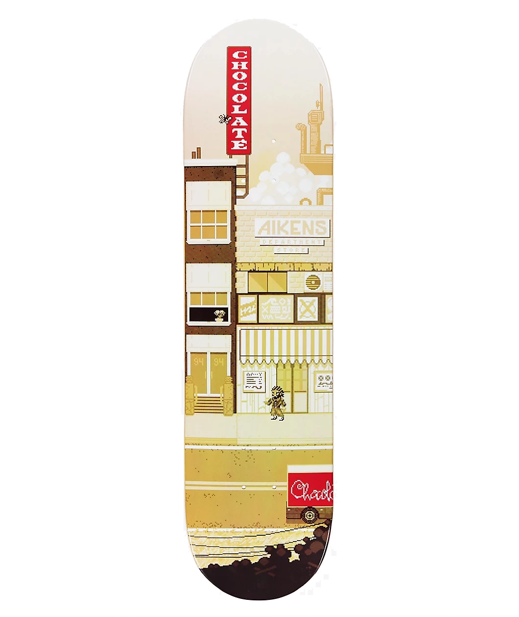 Chocolate Aikens Pixel City 8.0" skateboard deck with Evan Hecox artwork and Stevie Aikens pro model design.