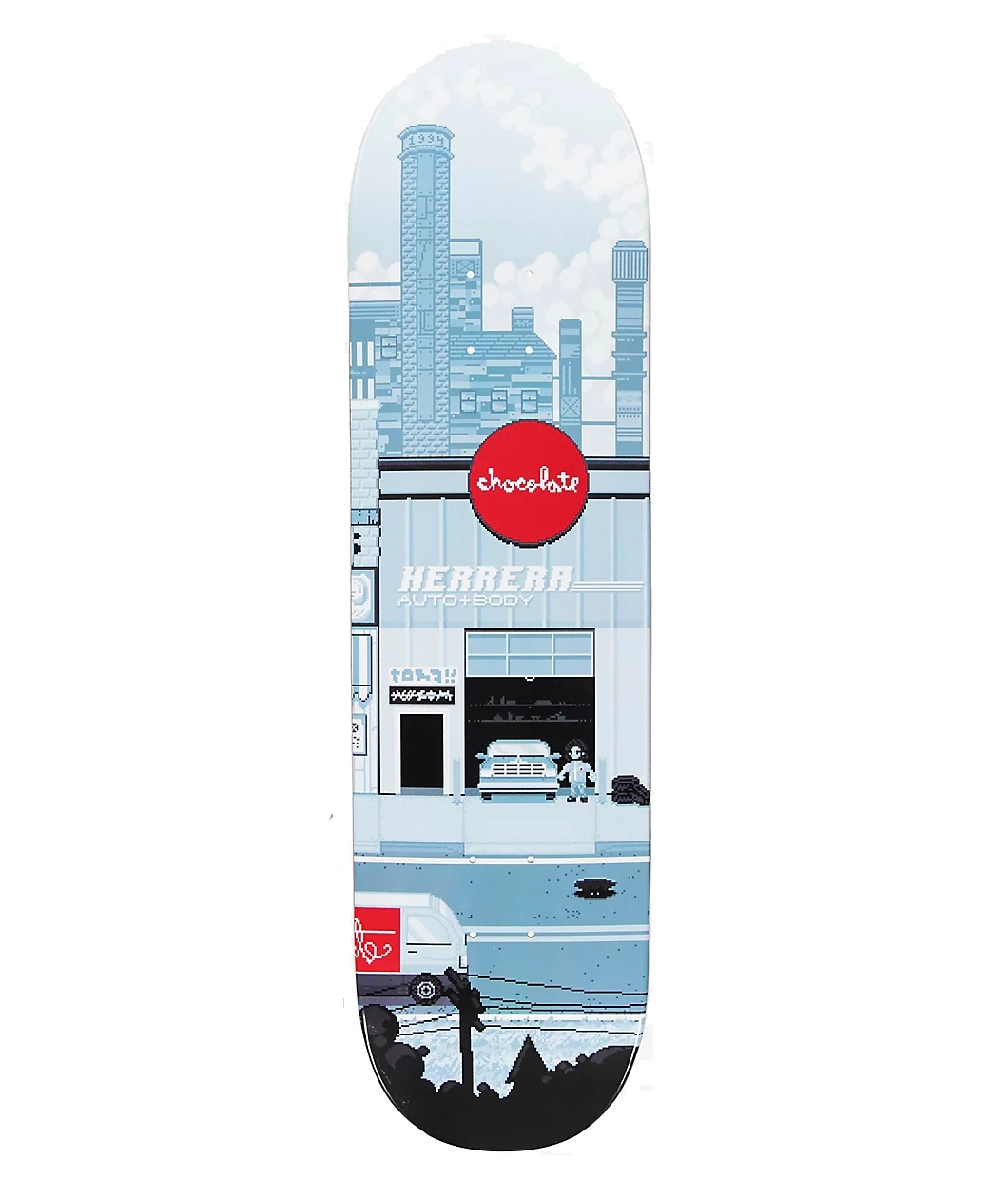 Chocolate Herrera Pixel City 8.5" skateboard deck with Evan Hecox artwork and Erik Herrera pro model design.